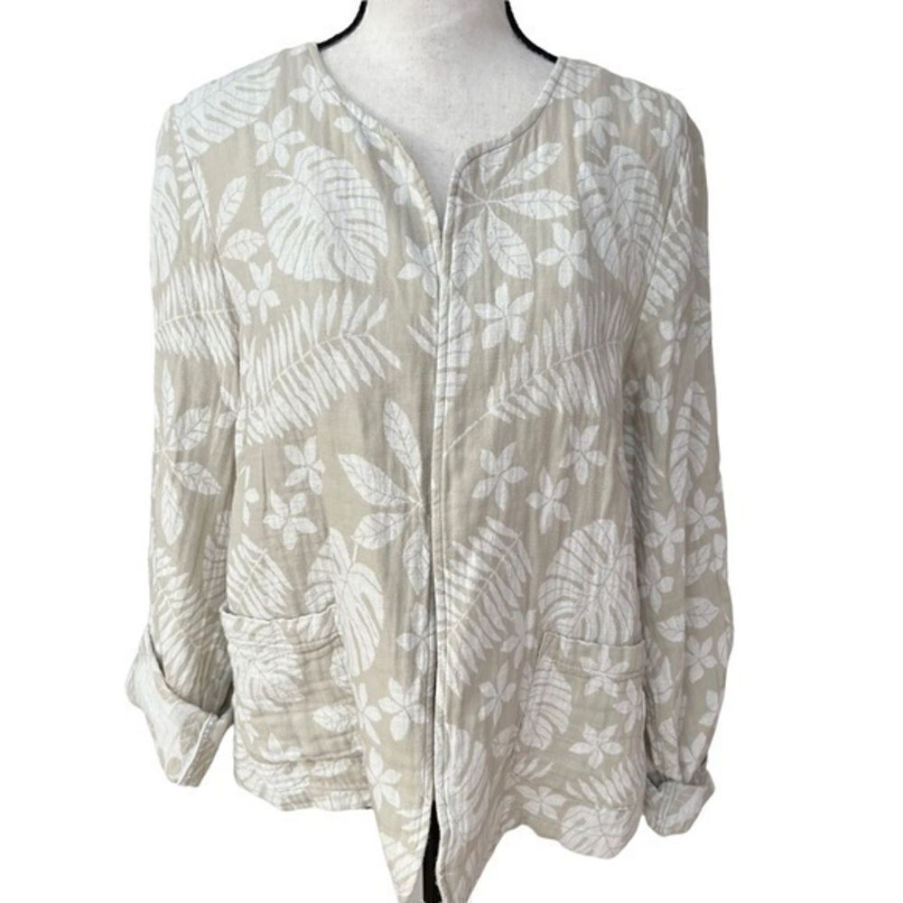 Tahari Floral linen/cotton blend summer jacket blazer size L Open Front